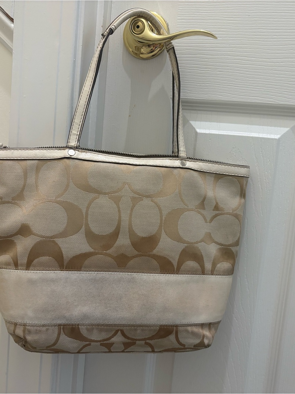 Coach Beige Signature Canvas Tote with Leather Trim - Picture 3 of 6